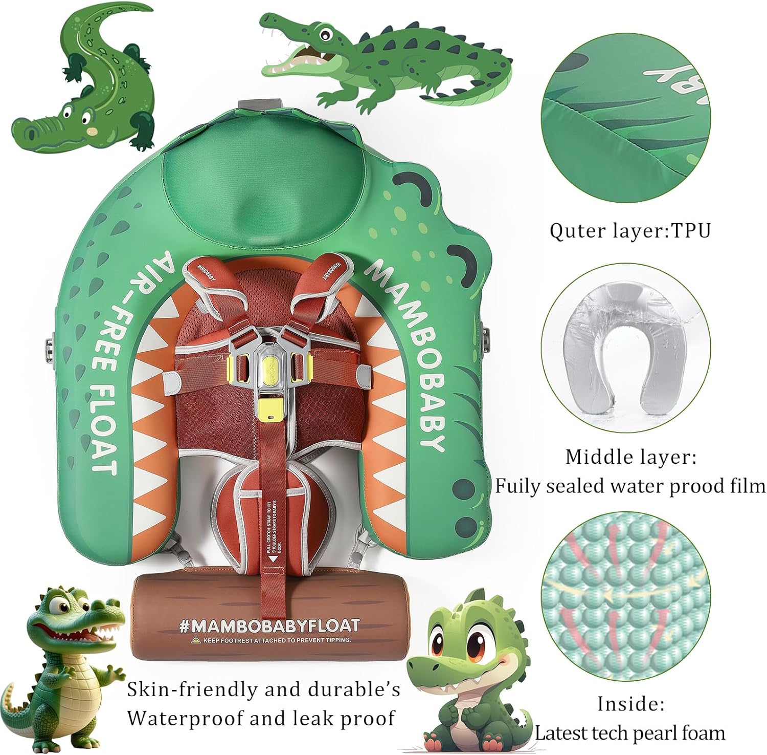 MAMBOBABY BABY FLOAT CROCODILE GREEN WITH CANOPY