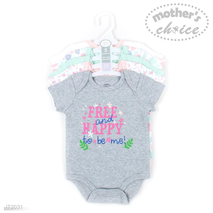 Mother's Choice 5 Pack Short Sleeve Bodysuits - Free And Happy