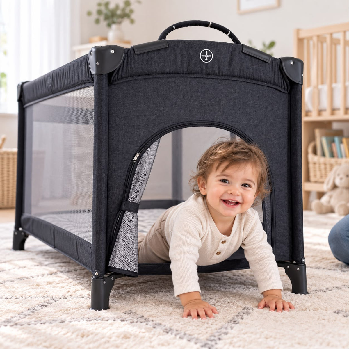 MIILA 2-Level Baby Travel Cot &amp; Playpen with Side Zip Entry – Dark Grey