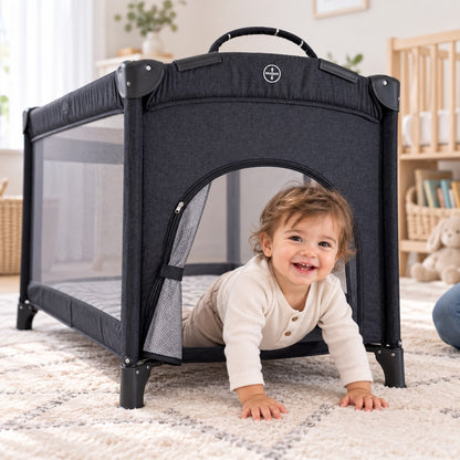 MIILA 2-Level Baby Travel Cot &amp; Playpen with Side Zip Entry – Dark Grey