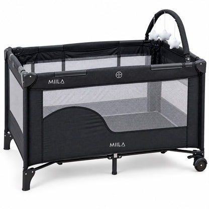MIILA 2-Level Baby Travel Cot &amp; Playpen with Side Zip Entry – Dark Grey