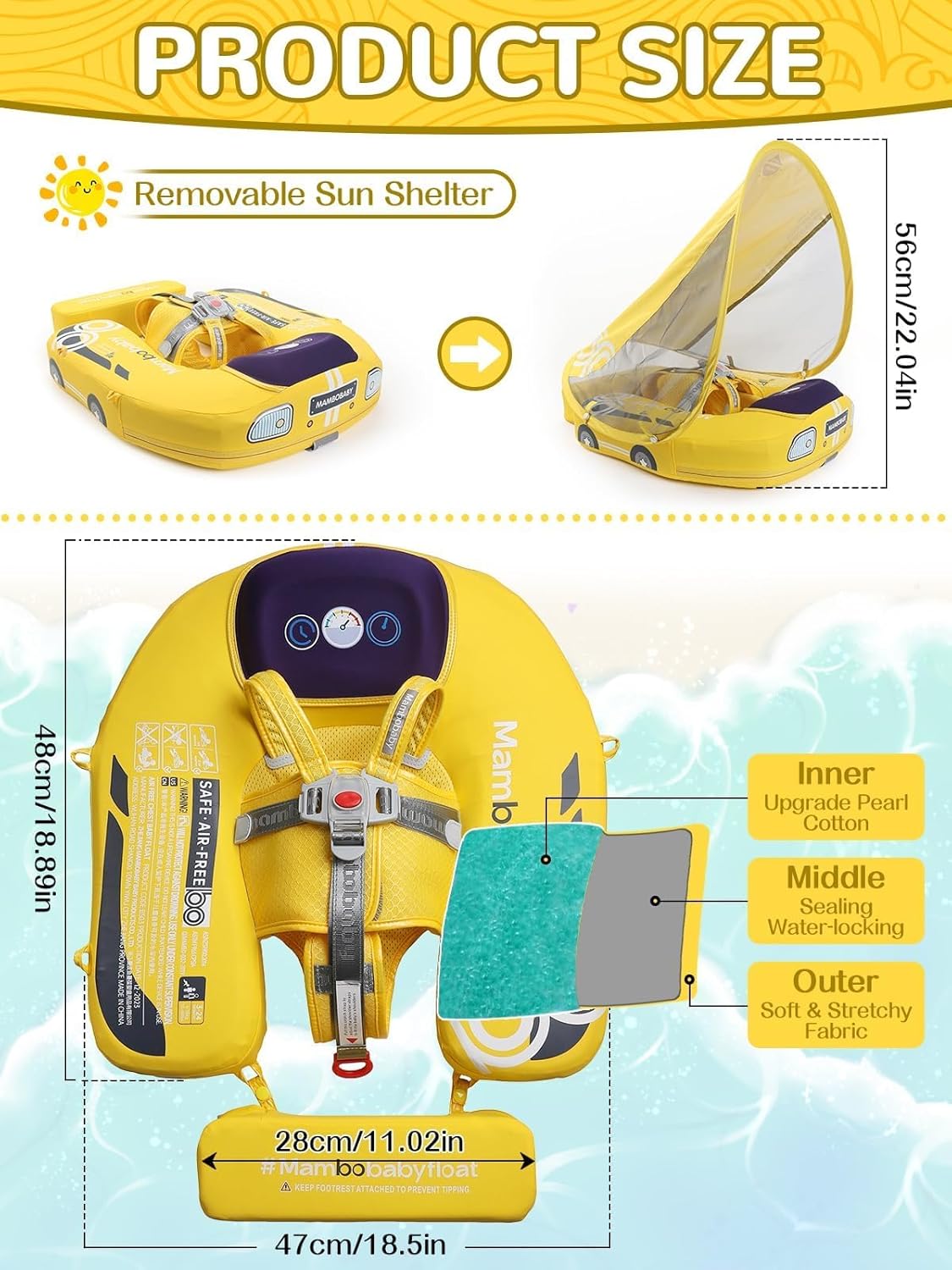 MAMBOBABY BABY FLOAT YELLOW CAR WITH CANOPY