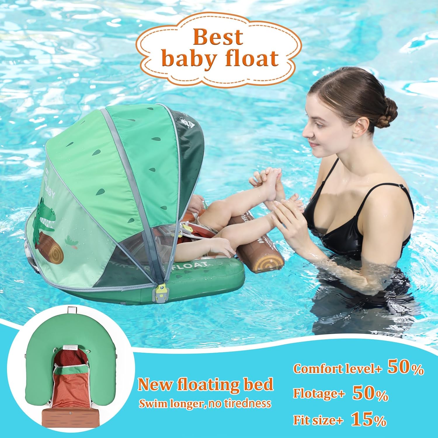 MAMBOBABY BABY FLOAT CROCODILE GREEN WITH CANOPY