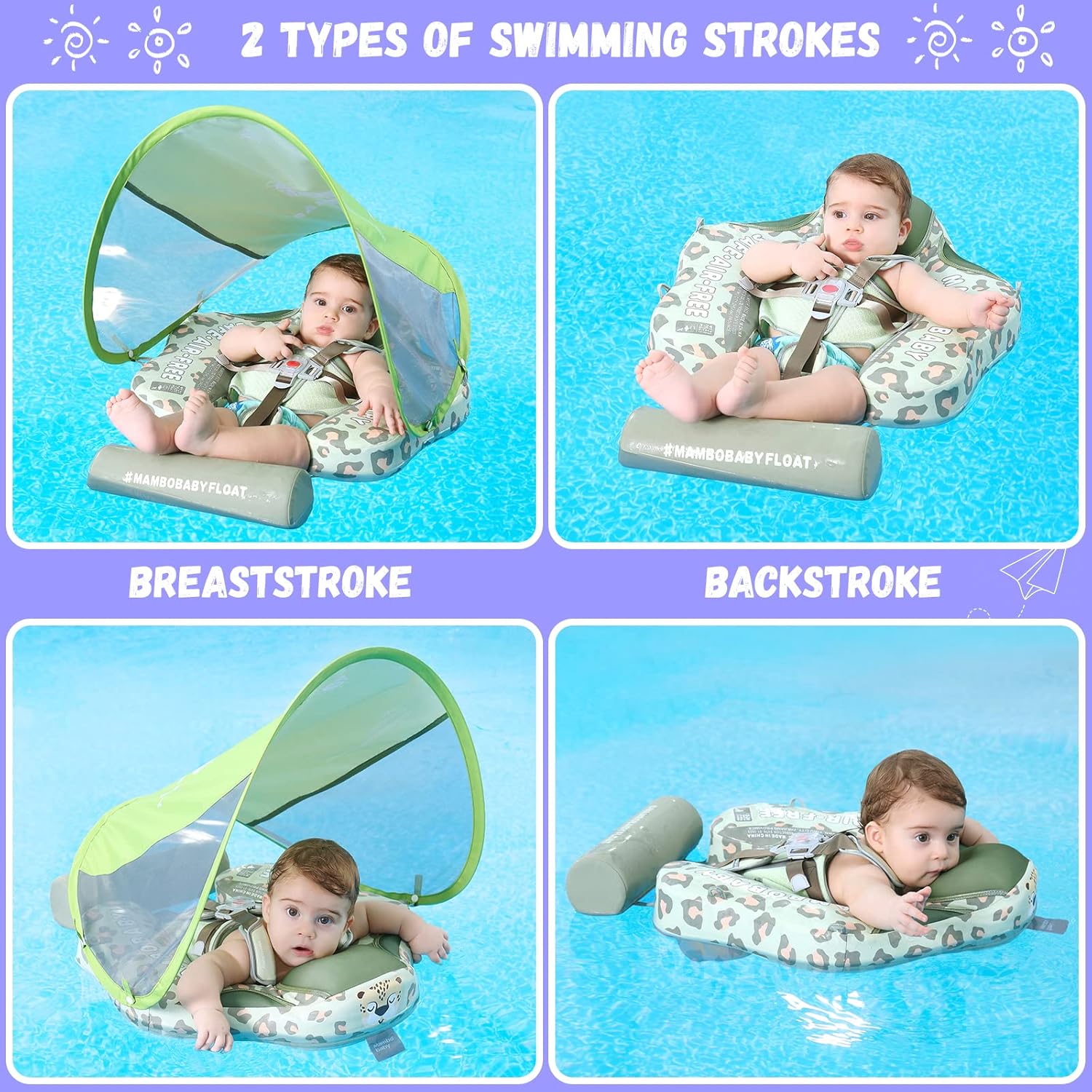 MAMBOBABY BABY FLOAT LEOPARD GREEN  WITH CANOPY