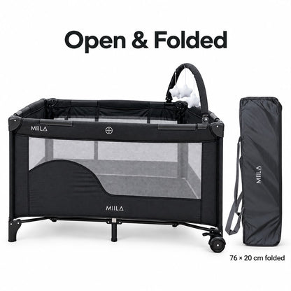 MIILA 2-Level Baby Travel Cot &amp; Playpen with Side Zip Entry – Dark Grey