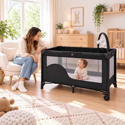 MIILA 2-Level Baby Travel Cot &amp; Playpen with Side Zip Entry – Dark Grey