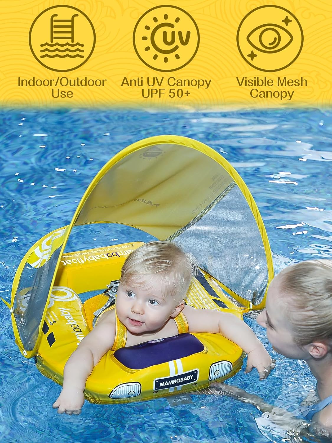 MAMBOBABY BABY FLOAT YELLOW CAR WITH CANOPY