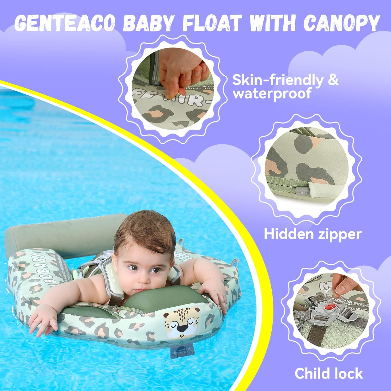 MAMBOBABY BABY FLOAT LEOPARD GREEN  WITH CANOPY