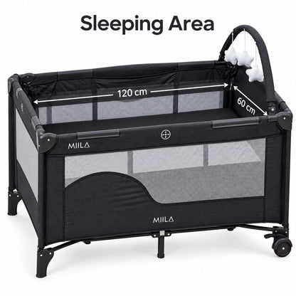 MIILA 2-Level Baby Travel Cot &amp; Playpen with Side Zip Entry – Dark Grey
