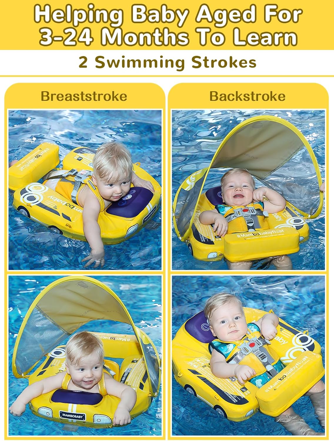 MAMBOBABY BABY FLOAT YELLOW CAR WITH CANOPY