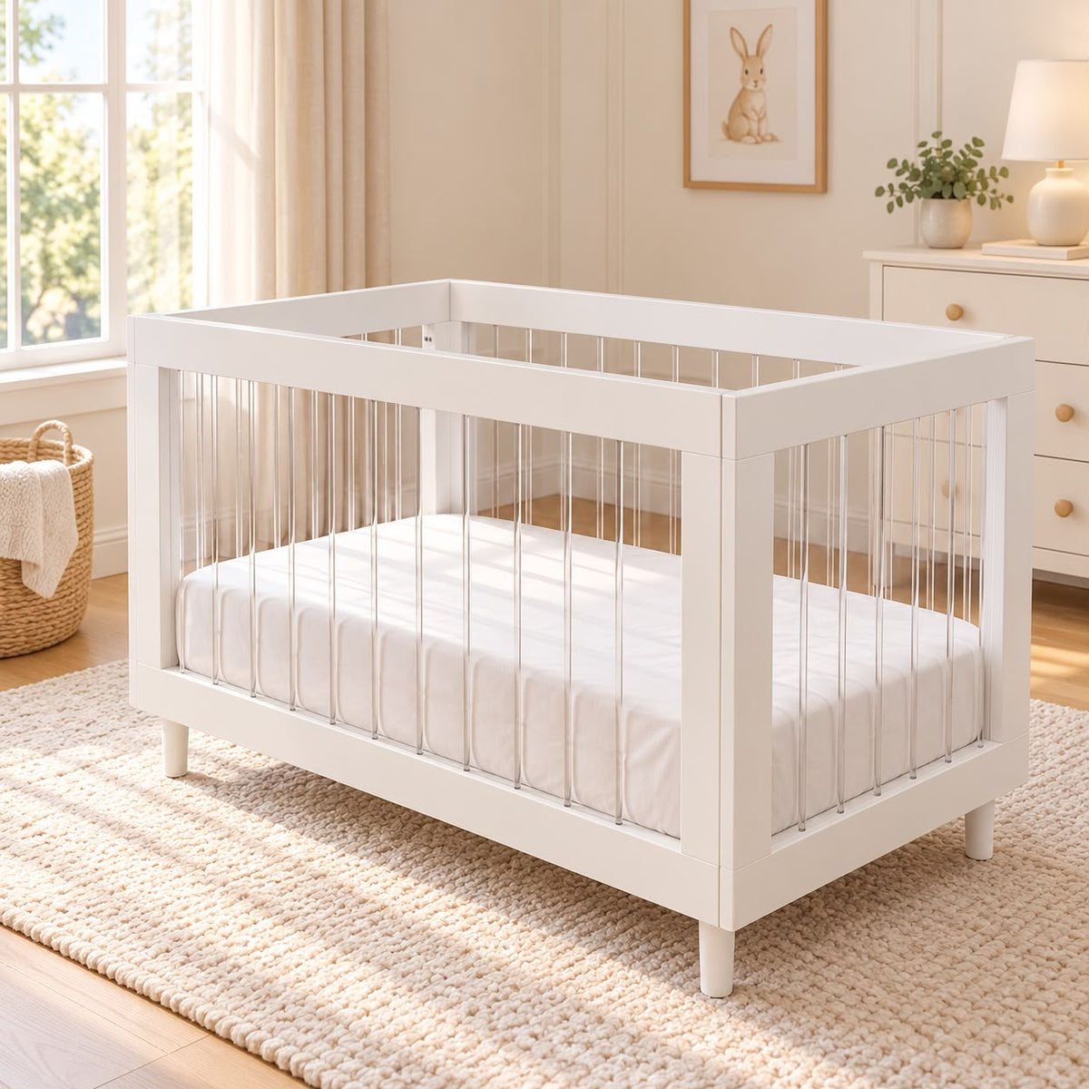 Baby Moon  Wooden Baby Cot with Plexi Sides, White – Fits 140 x 70 cm Mattress