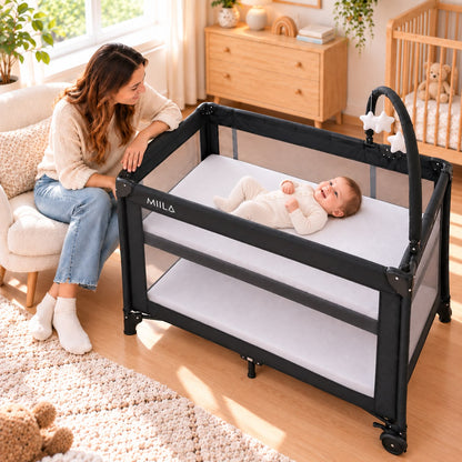MIILA 2-Level Baby Travel Cot &amp; Playpen with Side Zip Entry – Dark Grey