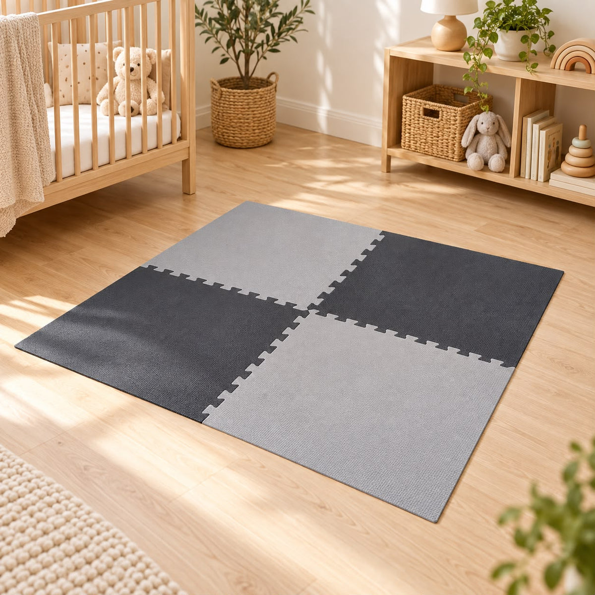 Miila  Interlocking Foam Play Mat – 4 Puzzle Tiles, 120 × 120 cm, Grey &amp; Charcoal