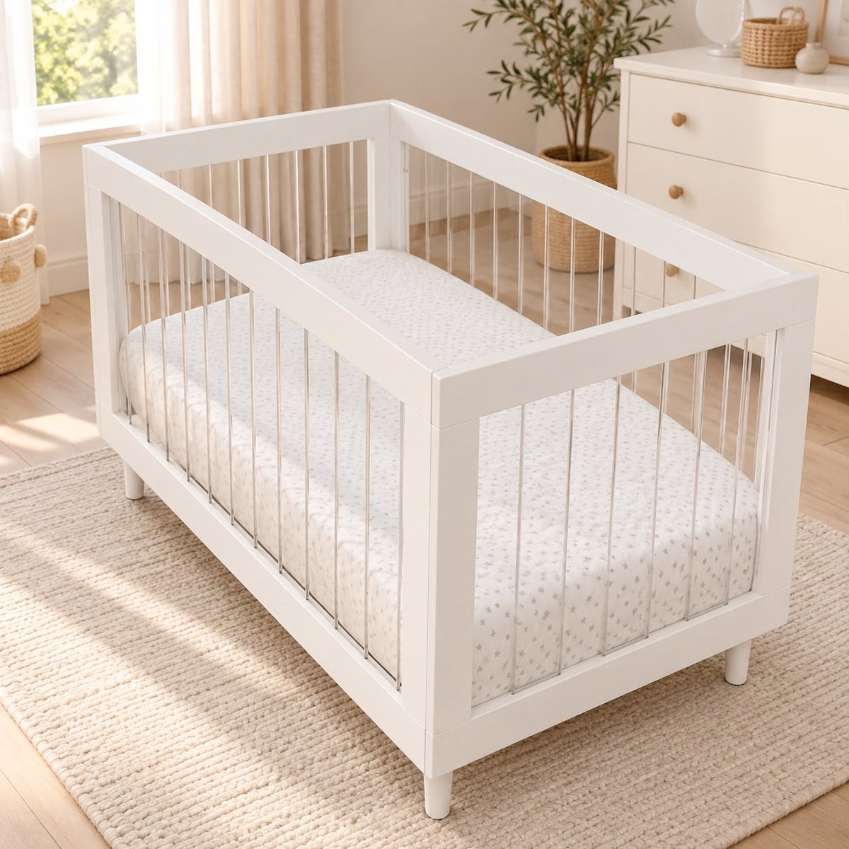 Baby Moon  Wooden Baby Cot with Plexi Sides, White – Fits 140 x 70 cm Mattress