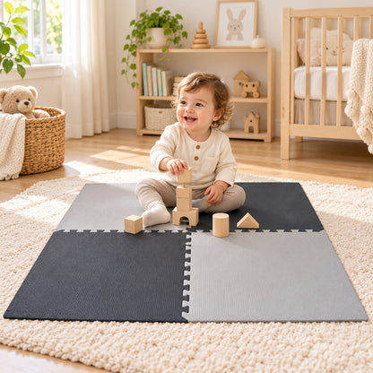 Miila  Interlocking Foam Play Mat – 4 Puzzle Tiles, 120 × 120 cm, Grey &amp; Charcoal