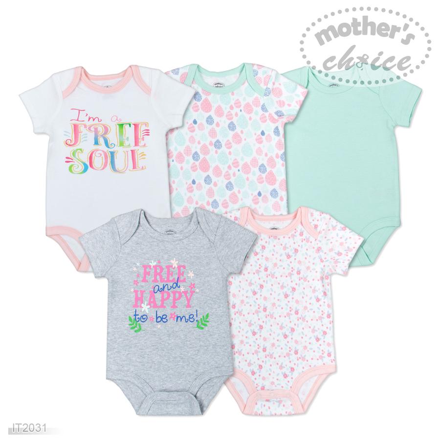 Mother's Choice 5 Pack Short Sleeve Bodysuits - Free And Happy