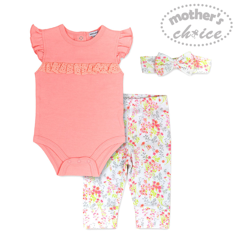 Mother's Choice 3 pcs set Bodysuits Pants & Headband- small Flowers