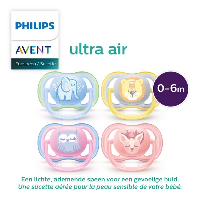AVENT ULTRA AIR SUCETTES 0-6 MOIS LION/ELEPHANT LOT DE 2